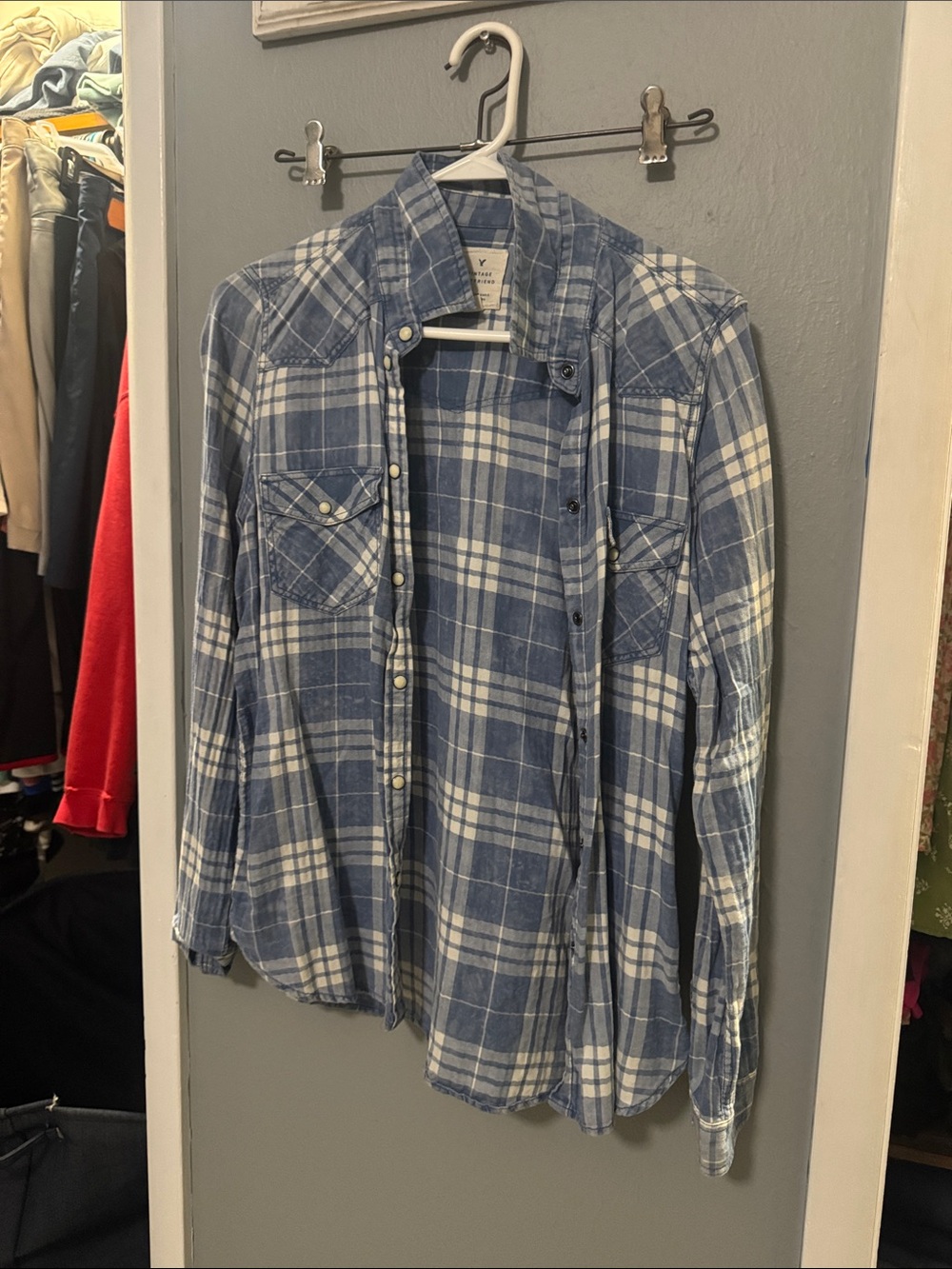 American Eagle Outfitters Blue and White Plaid Button-Down Shirt